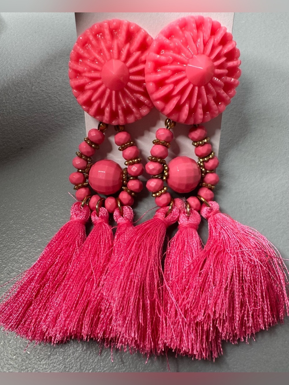 Pink Tassel Statement Earrings Bold Floral Bead Design vibrant summer boho chic